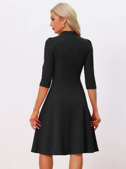 Allegra K- 3/4 Sleeves Stand Collar A-Line Dress