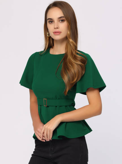 Allegra K - Bell Sleeve Belted Waist Peplum Top