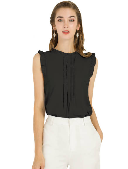 Allegra K- Ruffled Mandarin Collar Sleeveless Pleated Blouse