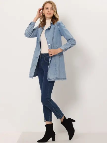 Allegra K - Veste longue en jean avec ceinture et bouton à revers cranté