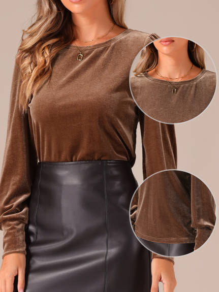 Allegra K - Winter Velvet Round Neck Puff Sleeve Blouse