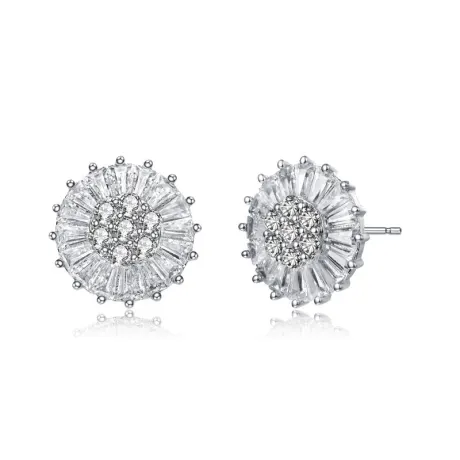 Genevive Sterling Silver White Gold Plated with Colored Round and Baguette Cubic Zirconia Stud Earrings