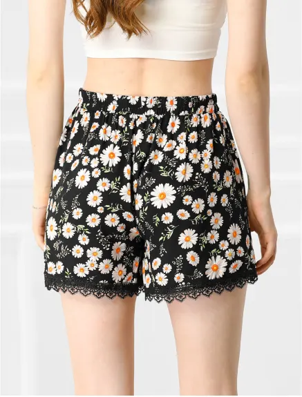 Allegra K - Elastic Waist Lace Trim Summer Floral Shorts