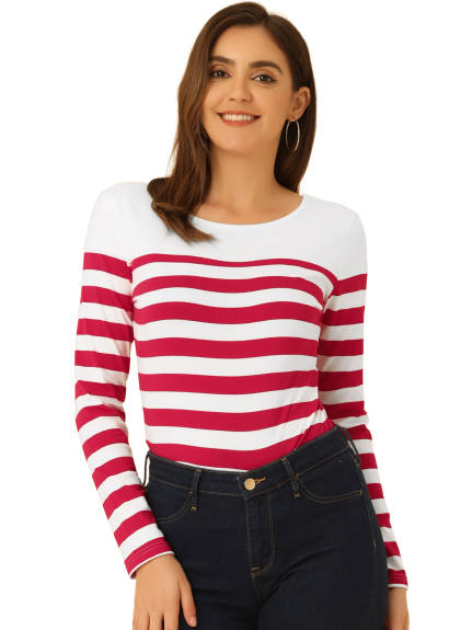 Allegra K- Color Block Long Sleeve Stripe T-Shirt