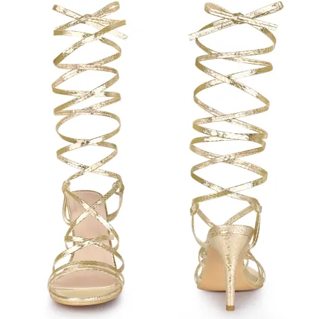 Allegra K - Snakeskin Print Lace Up Heeled Sandals