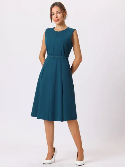 Hobemty- Sleeveless Zip Up Belted Fit and Flare Dress