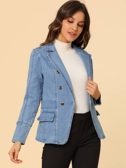 Allegra K- Notched Lapel Button Denim Jacket with Pockets