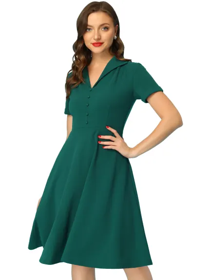 Allegra K- Vintage Flat Collar Short Sleeve Fit and Flare Dress