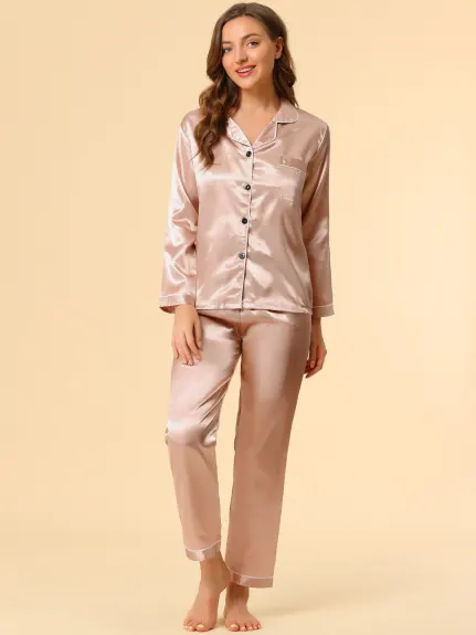 Allegra K - Satin Button Down Lounge Pajama Sets