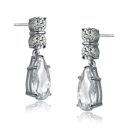 Genevive Sterling Silver White Gold Plated with Prong Set Colored Cubic Zirconia Teardrop Dangling Earrings