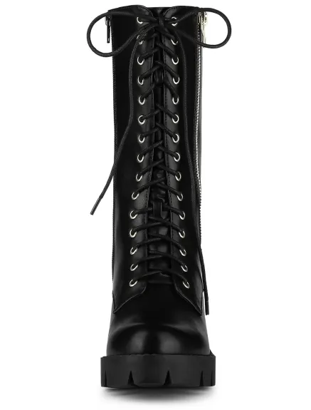 Allegra K - Lace Up Chunky Mid Calf Combat Boots