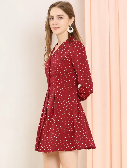 Allegra K- Robe chemise à pois et revers cranté à col en V