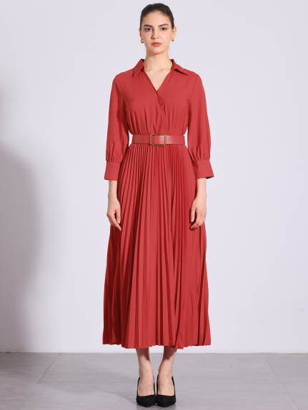 Allegra K - V-Neck Belted Formal Maxi Pleated Dress