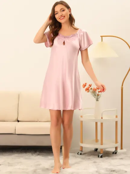 cheibear - Short Sleeves Satin Mini Pajamas Dress