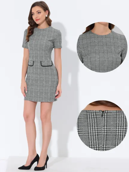 Allegra K- Short Sleeve Vintage Houndstooth Pencil Sheath Dress