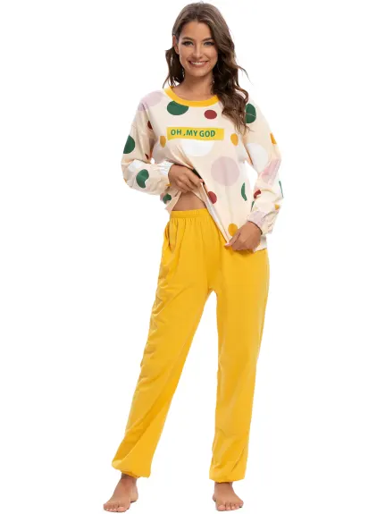 cheibear - Long Sleeve Printed Top and Pants Pajama Set