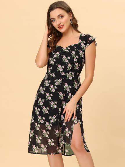 Allegra K- Smocked Sweetheart Cap Sleeve Cinched Floral Chiffon Midi Dress