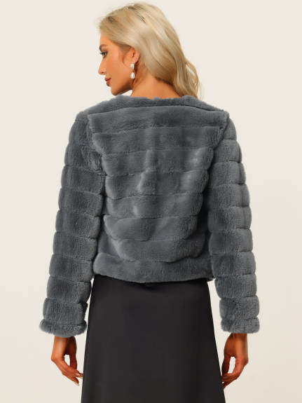 Allegra K- Cropped Collarless Faux Fur Fluffy Coat Jacket