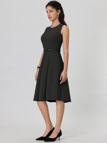 Hobemty- Sleeveless Zip Up Belted Fit and Flare Dress