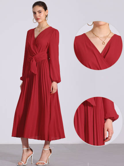 Allegra K - Pleated V-Neck Puff Sleeve Midi Dress