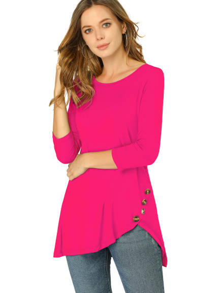 Allegra K- 3/4 Sleeve Tunic Asymmetry Button Top