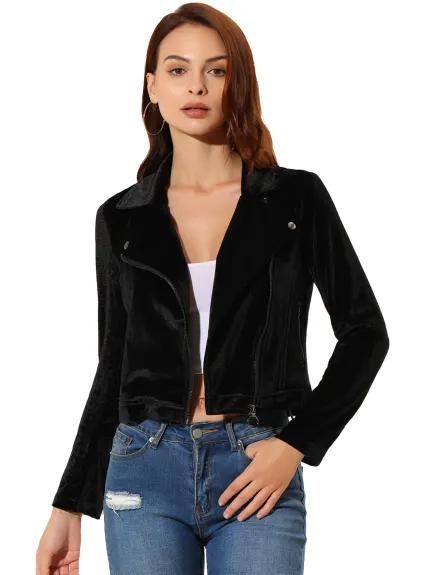 Allegra K- Velvet Zipper Lapel Collar Moto Biker Jacket