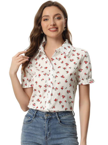 Allegra K - Frilled Short Sleeve Floral Cotton Shirt