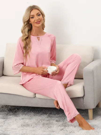 cheibear - Lace 3/4 Sleeves Lounge with Pants Pajama Set