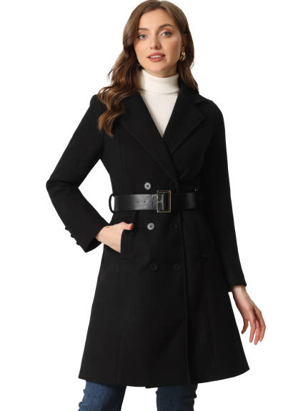 Allegra K - Winter Belted Double Breasted Long Coat