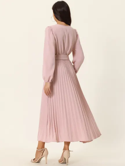 Allegra K- Pleated Puff Long Sleeve V Neck Belt Waist Midi Dress