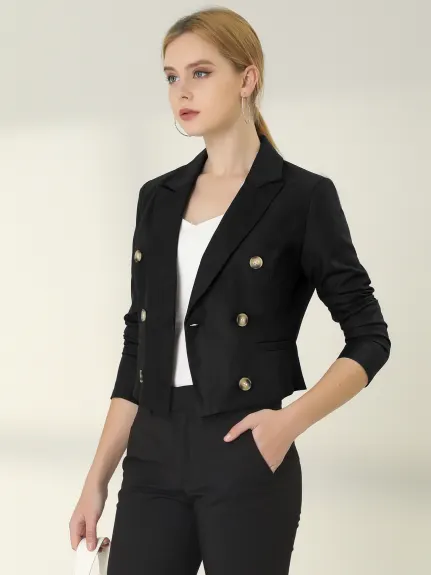 Allegra K- Double Breasted Notched Lapel Cropped Blazer