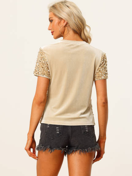 Allegra K- Velvet Crew Neck Short Sleeve Sequin Top