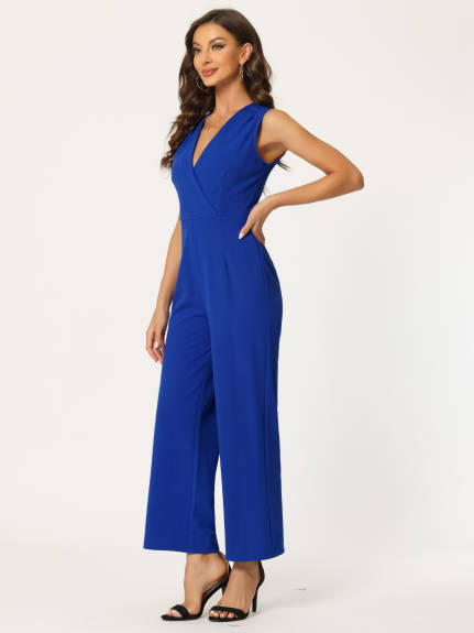 Allegra K - Elegant Wrap V Neck Wide Leg Work Jumpsuit