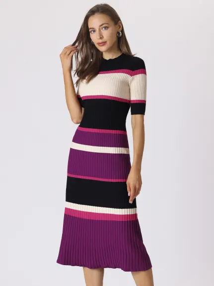 Hobemty- Short Sleeve Striped Knit A-Line Midi Dress