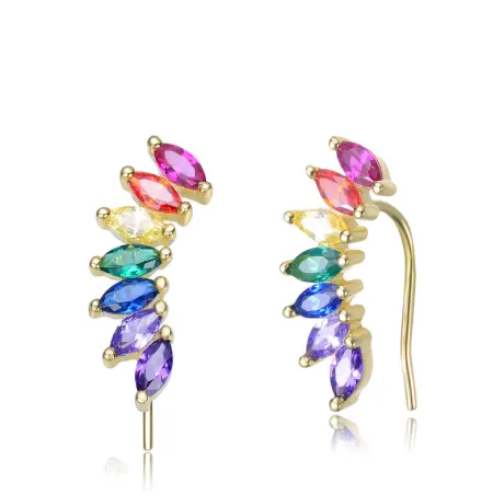 Genevive Sterling Silver 14k Gold Plating with Colored Cubic Zirconia Floral Hook Earrings