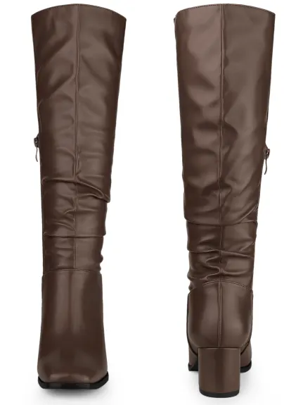 Allegra K - Slouch Square Toe Block Heel Knee High Boots