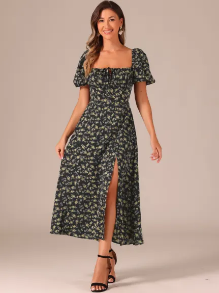 Allegra K - Floral Tie Neck Split Puff Sleeve Maxi Dress