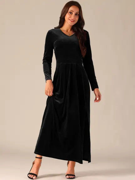 Allegra K - Robe Maxi en Velours Élégante à Col en V et Fente