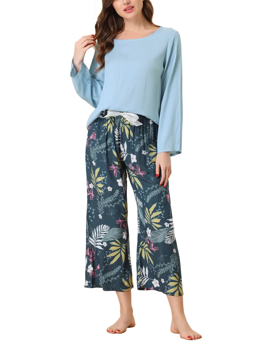 cheibear - 2pcs Long Sleeve Capri Pants Floral Lounge Set