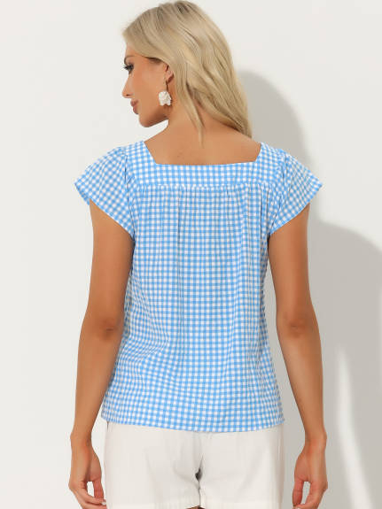 Allegra K- Square Neck Gingham Cap Sleeve Blouse