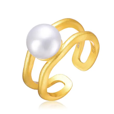 Genevive Sterling Silver 14k Gold Plated with Genuine Freshwater Pearl Solitaire Open Ring