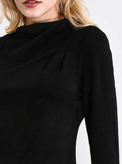 Hobemty - Long Sleeve Mock Neck Pleated Blouse