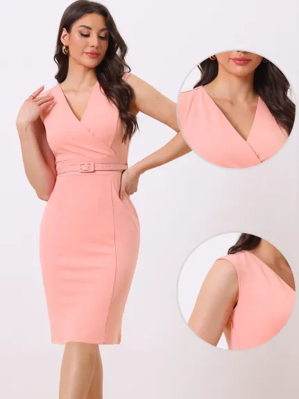 Allegra K- Sheath Sleeveless V Neck Belt Pencil Dress