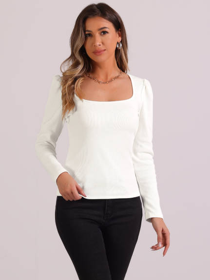 Allegra K - Square Neck Long Sleeve Ribbed Knit Top