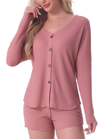 Cheibear - Waffle Knit Long Sleeve Pajama Set