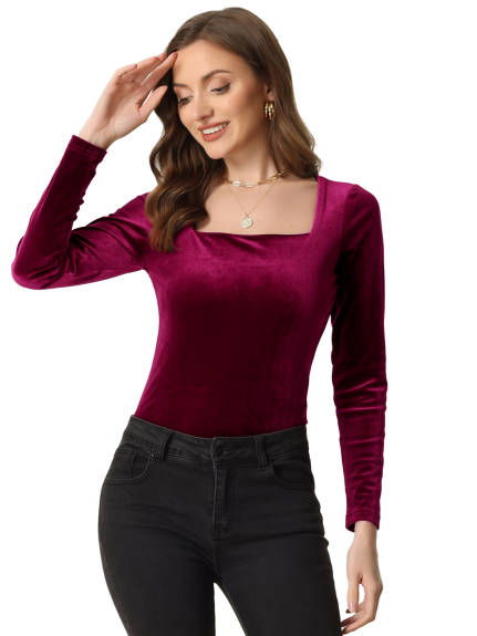 Allegra K- Square Neck Long Sleeve Velvet Blouse