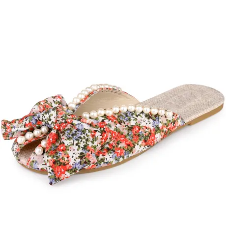 Allegra K - Floral Print Peep Toe Slip-on Pearl Flat Slides