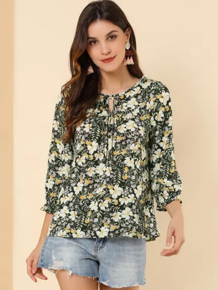 Allegra K- Tie V Neck Ruffled 3/4 Sleeve Floral Blouse