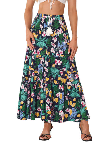 Allegra K- Boho Floral Elastic Waist Maxi Skirt