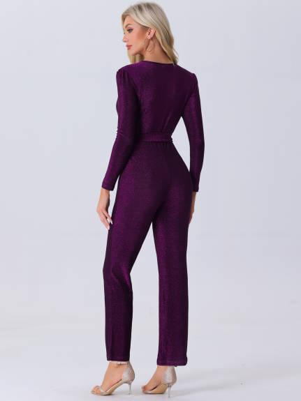 Allegra K - V-Neck Long Sleeve Belted Jumpsuit